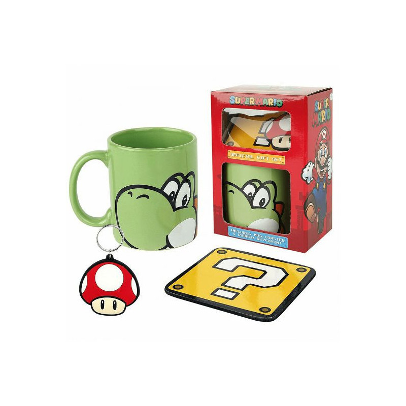 Coffret Pack Mug Yoshi + Sous-Tasse Bloc Point Interrogation + Porte Clé Champignon